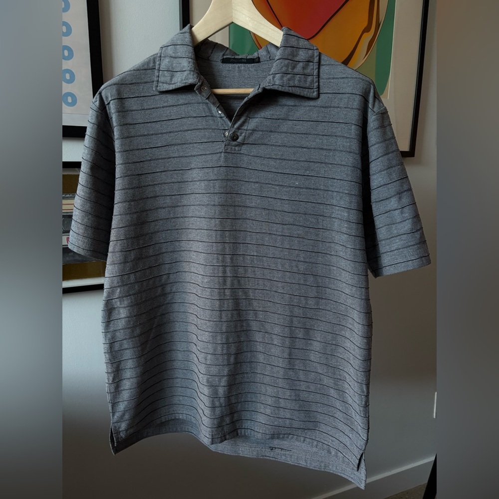 Zegna Sport Polo Shirt Short Sleeve Woven Cotton Textured Stripe Heather Gray XL
